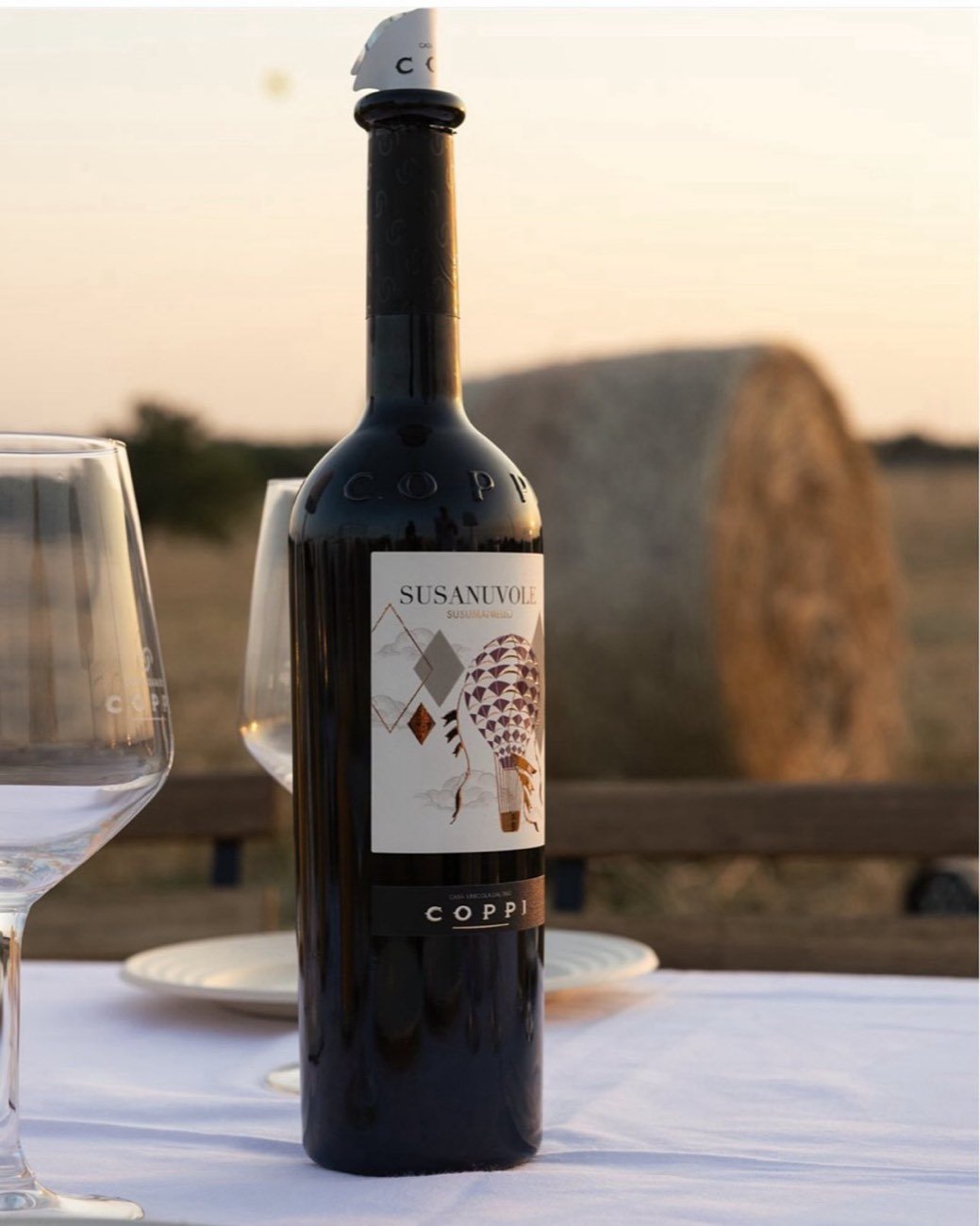 A wine bottle and glass on a white tablecloth in a field at sunset