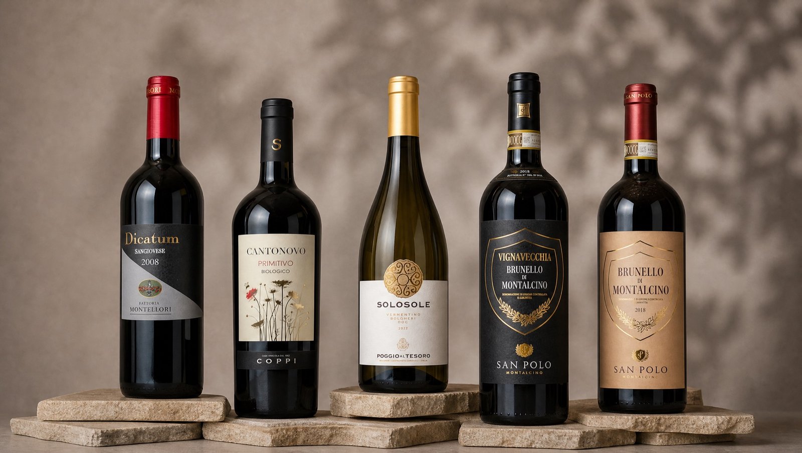 Five Italian wine bottles — Dicatum Sangiovese, Coppi Cantonovo Primitivo, Solosole Vermentino and two San Polo Brunello di Montalcino — standing on stone plinths against a sunlit wall